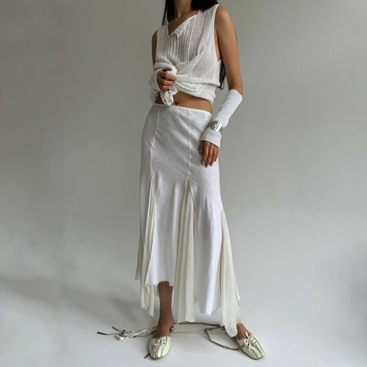 Vintage linen and silk maxi skirt in white