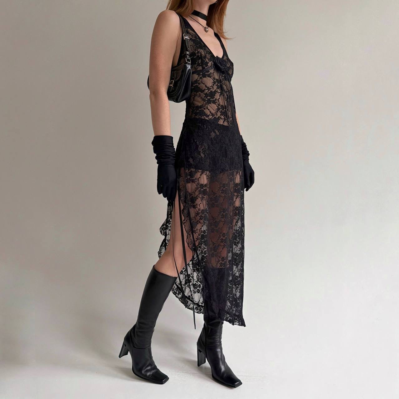 Vintage black lace asymmetrical long dress