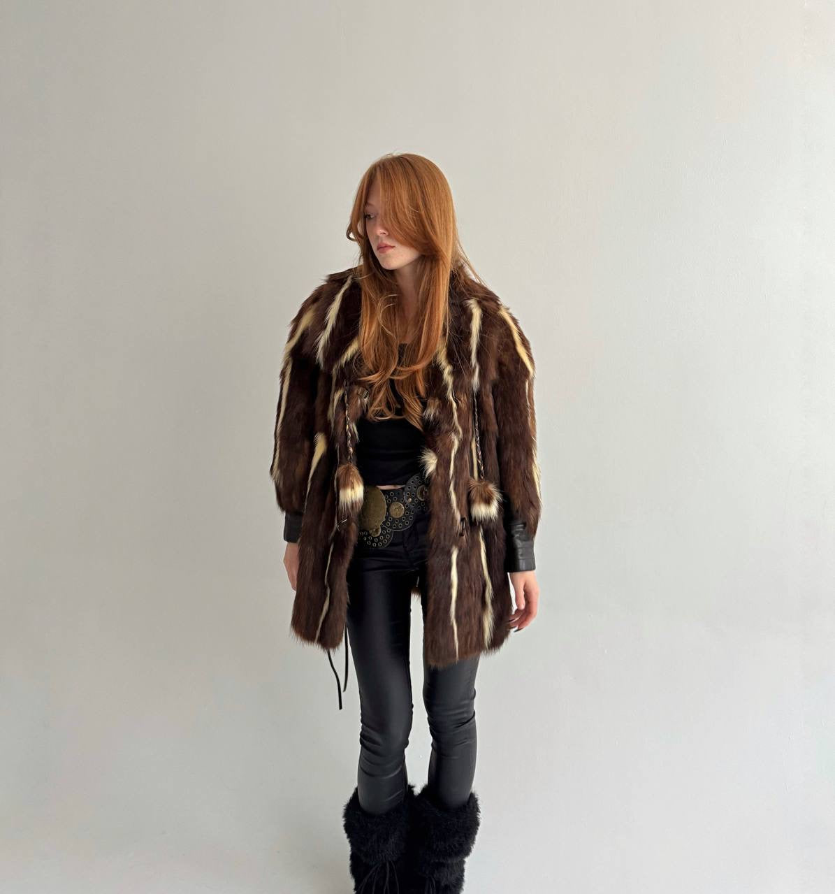 Vintage real fur coat with tortoise shell belt
