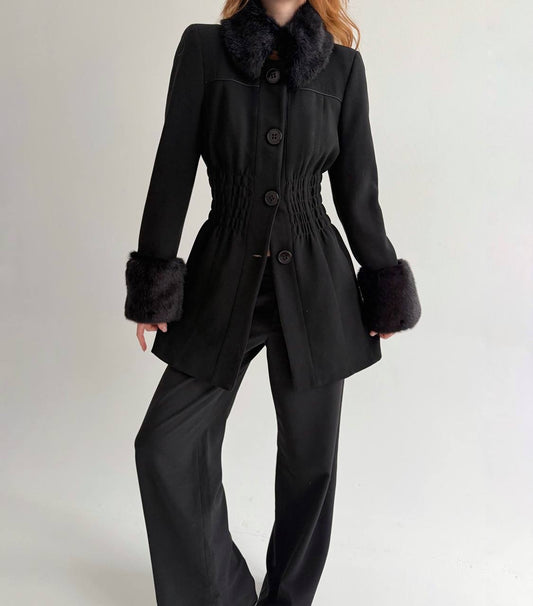 Y2K black waisted coat with fur collar