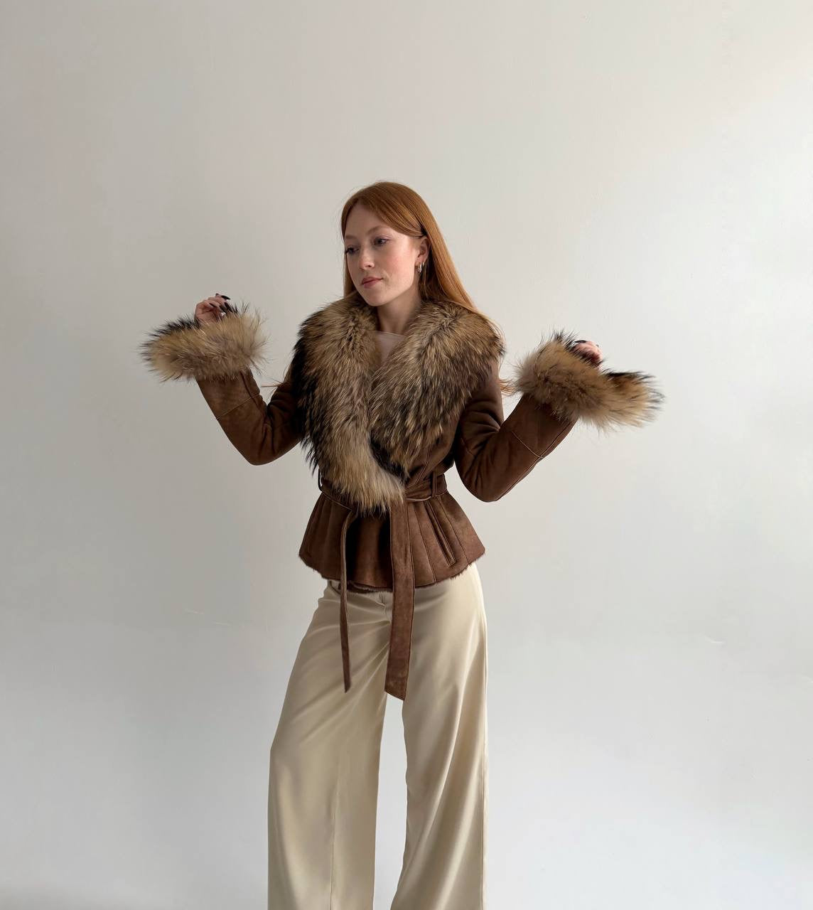 Vintage genuine leather jacket with real fur collar