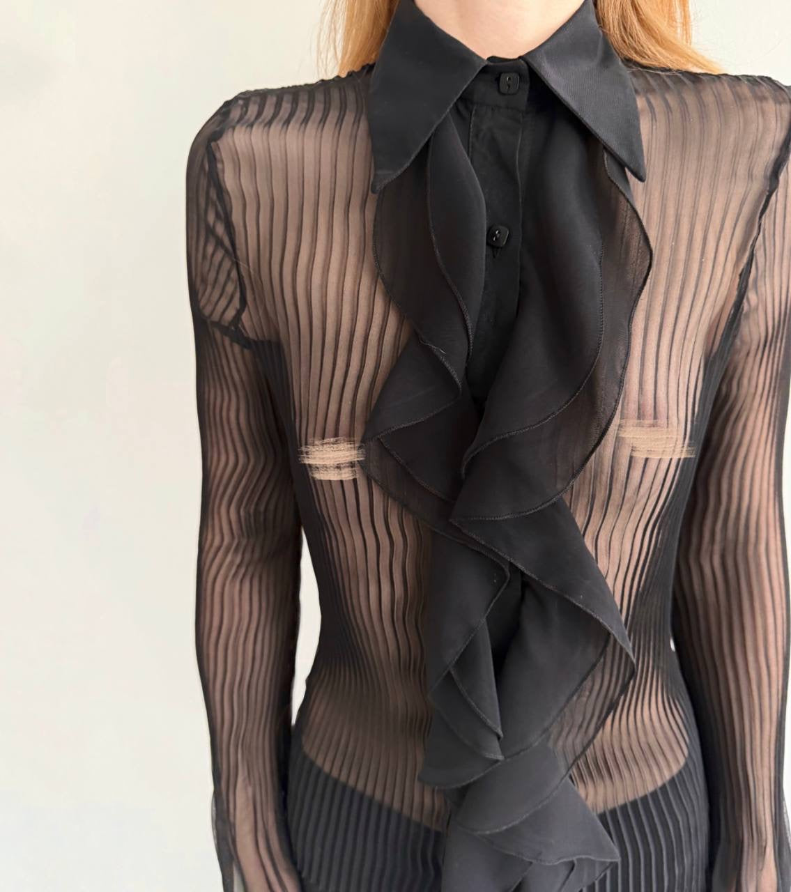Vintage black sheer pleated blouse