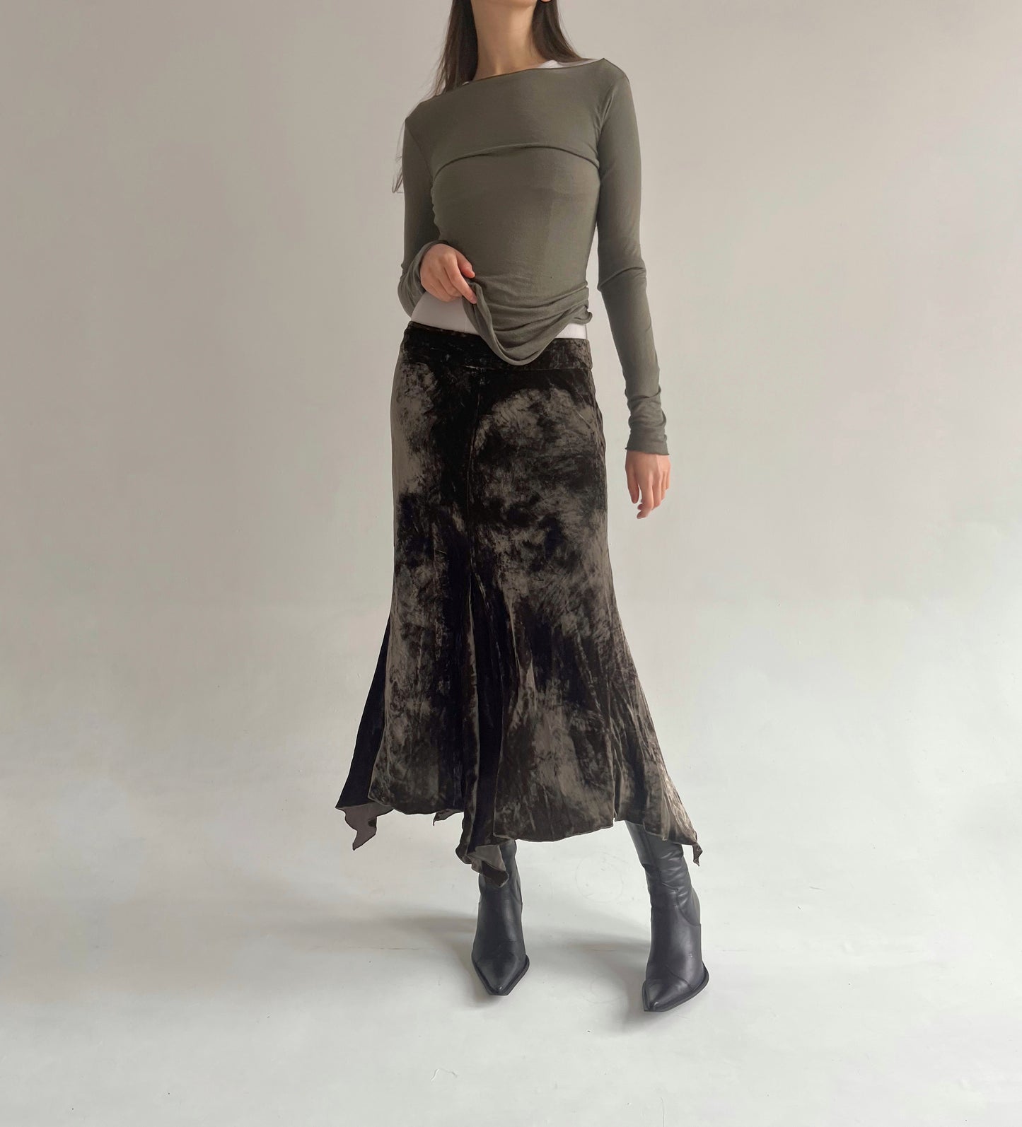 Vintage velvet khaki asymmetrical maxi skirt