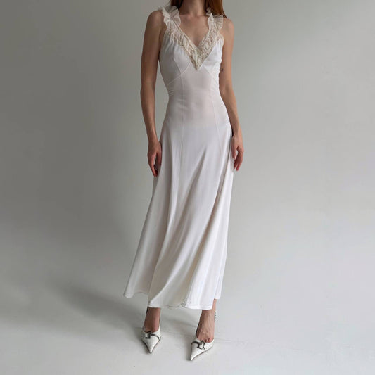 Vintage white long nighgown with lace and back tie
