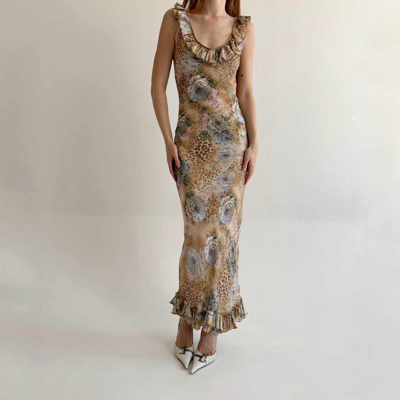 Vintage viscose long dress with leopard and flower print