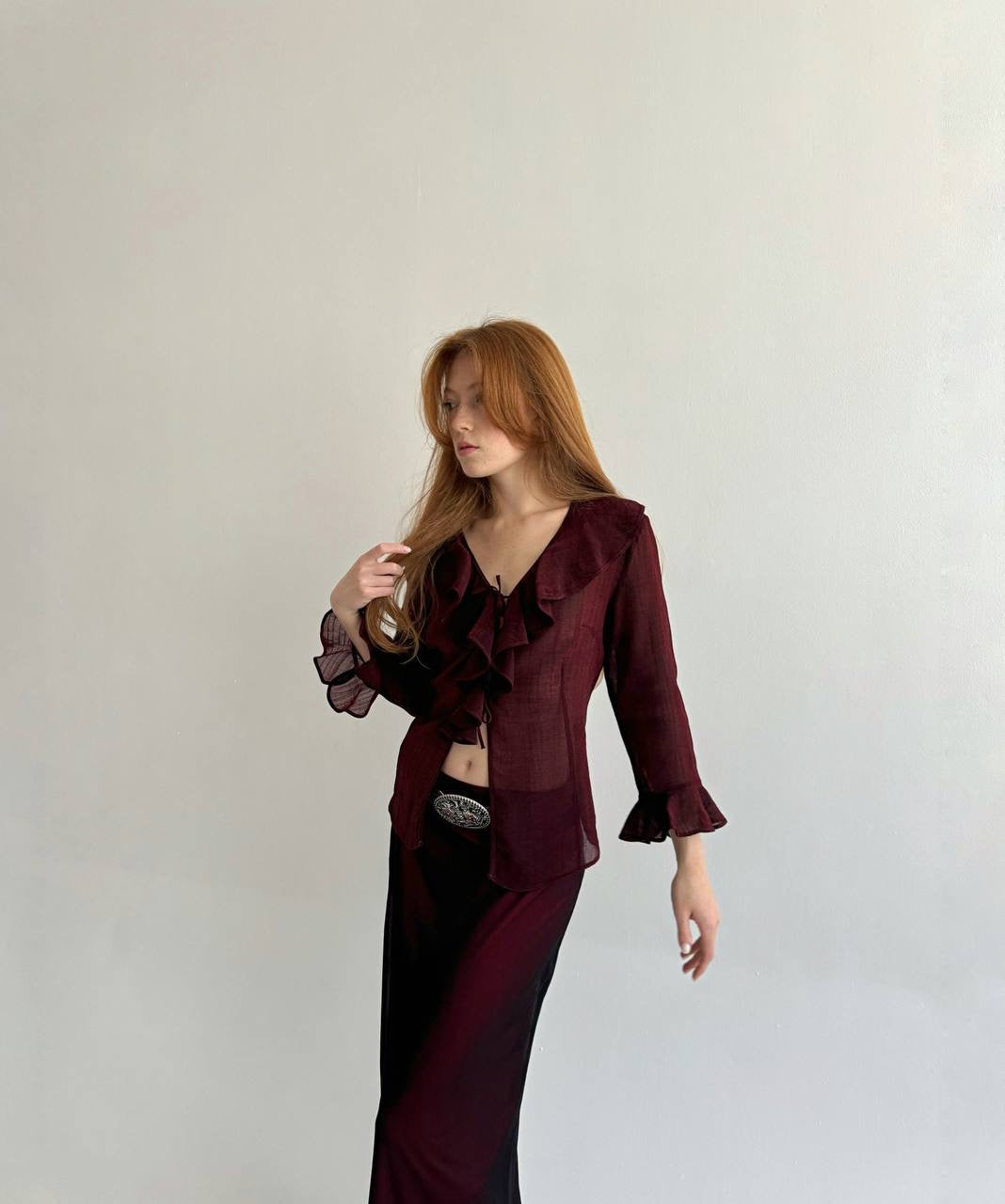 Vintage burgundy blouse with ruffles
