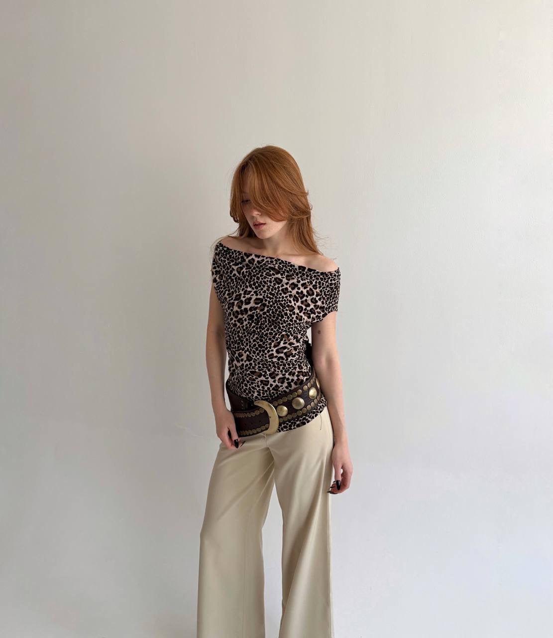 Y2K leopard print draped blouse