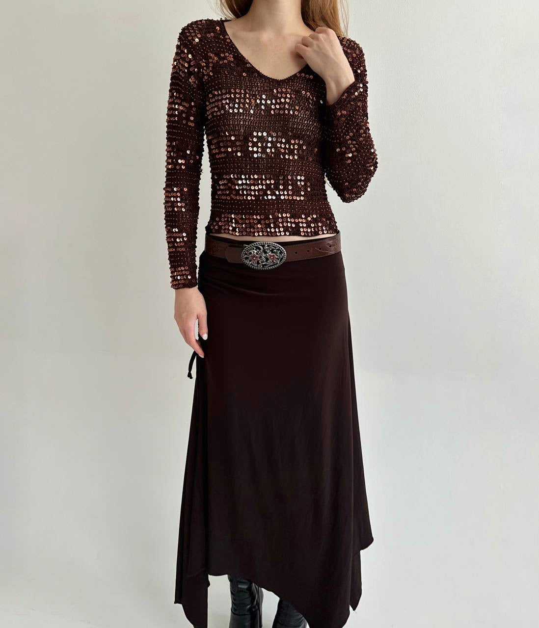 Vintage brown crochet sequin blouse