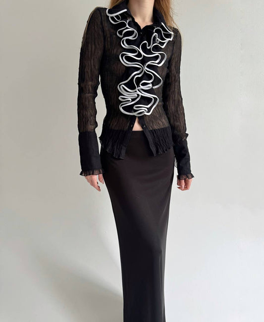 Vintage sheer pleated blouse with ruffles