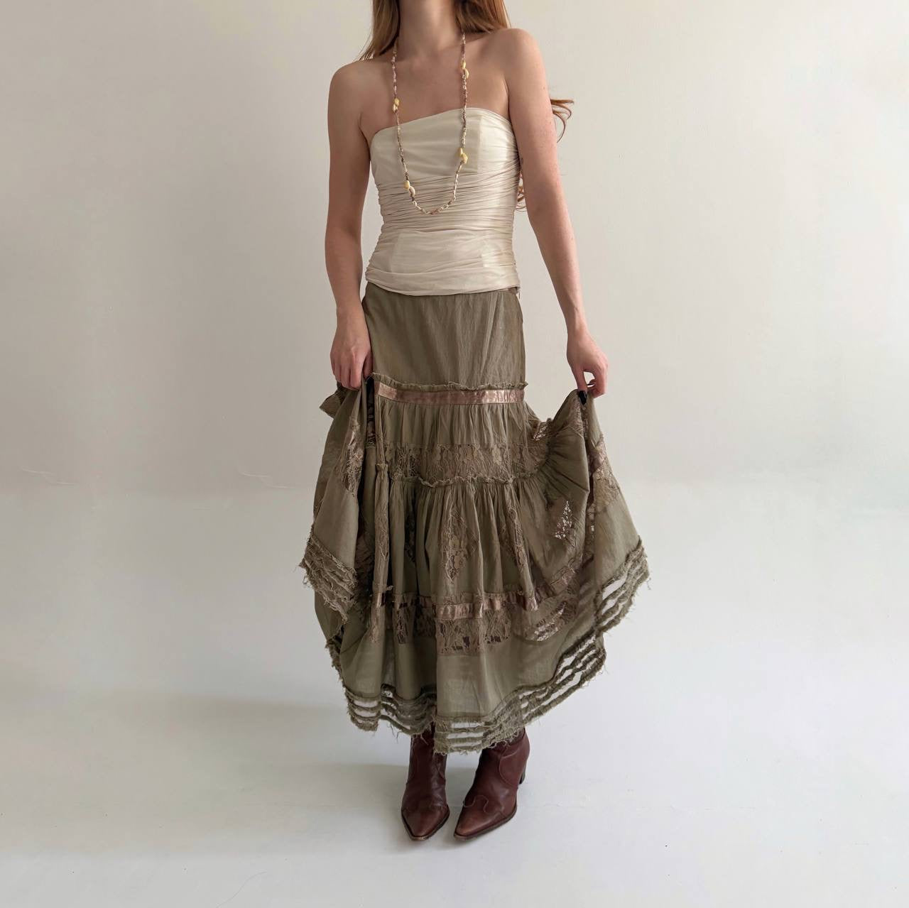 Vintage cotton long ruched skirt with lace