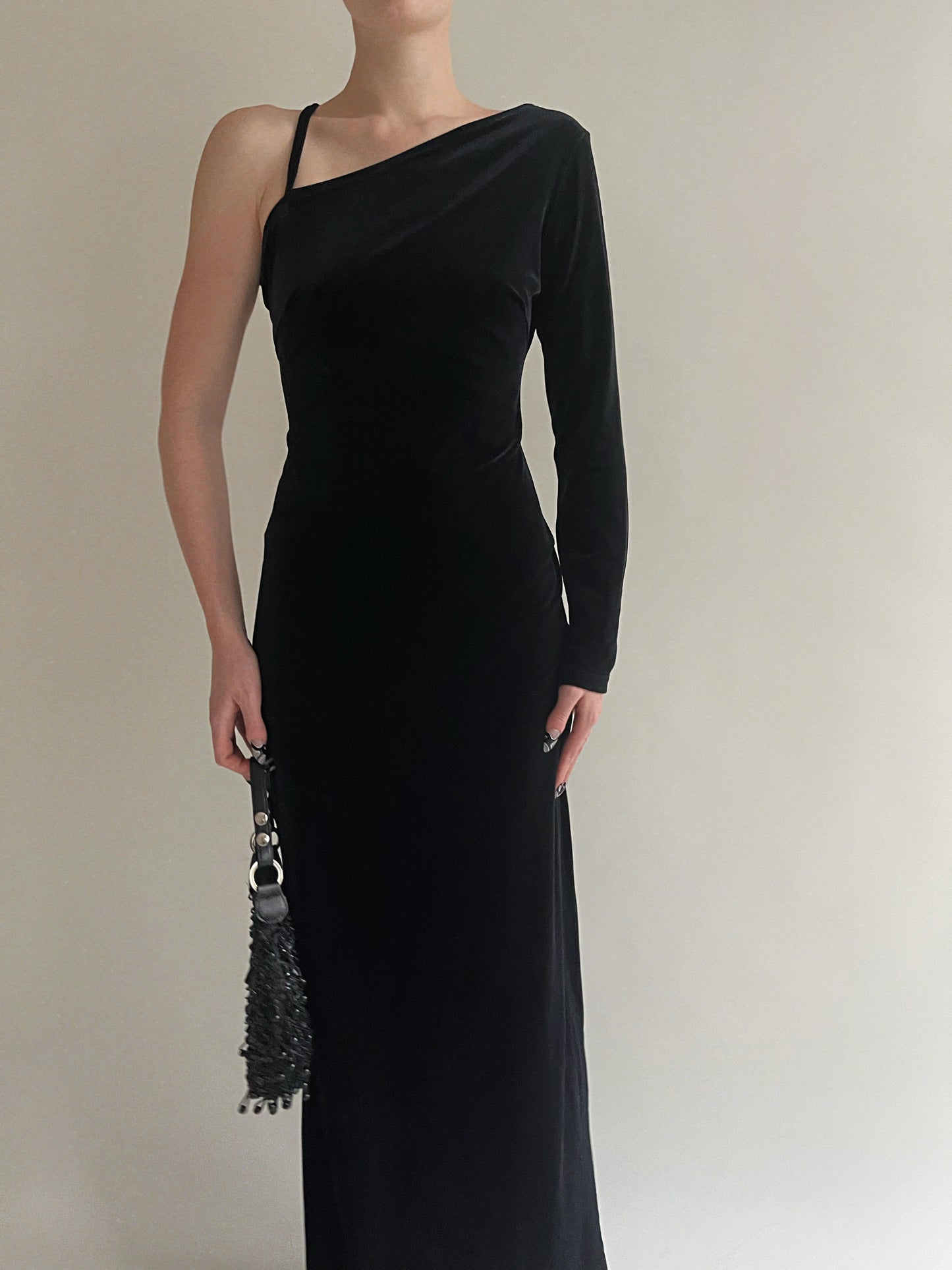 Vintage velvet one sleeve maxi dress