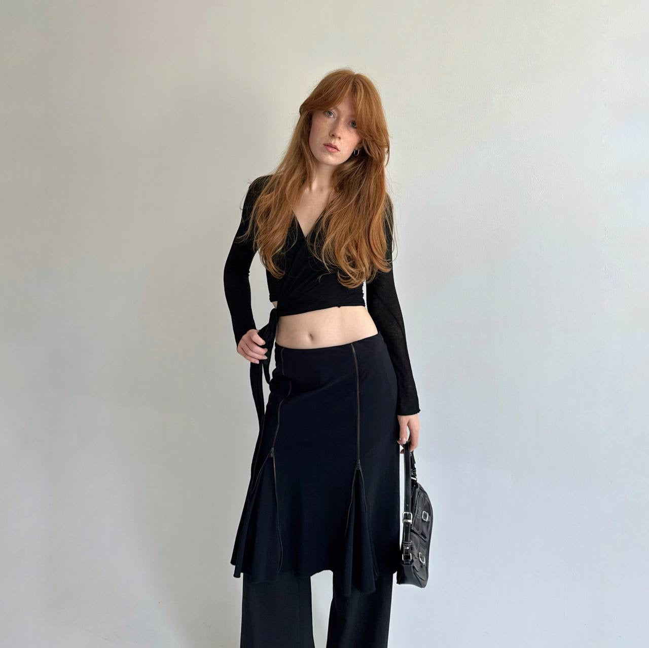 Y2K black midi skirt with zippers