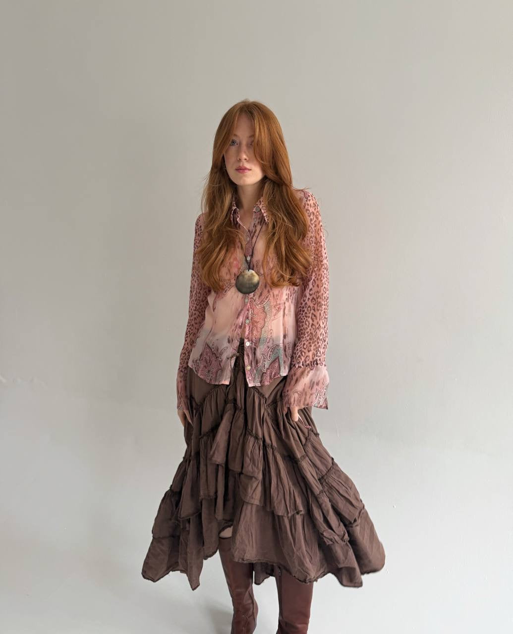 Vintage pink sheer blouse with print