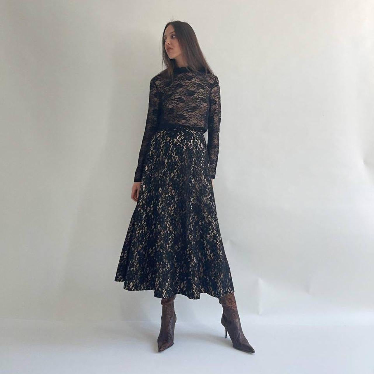 Vintage viscose black lace maxi skirt with satin champagne lining