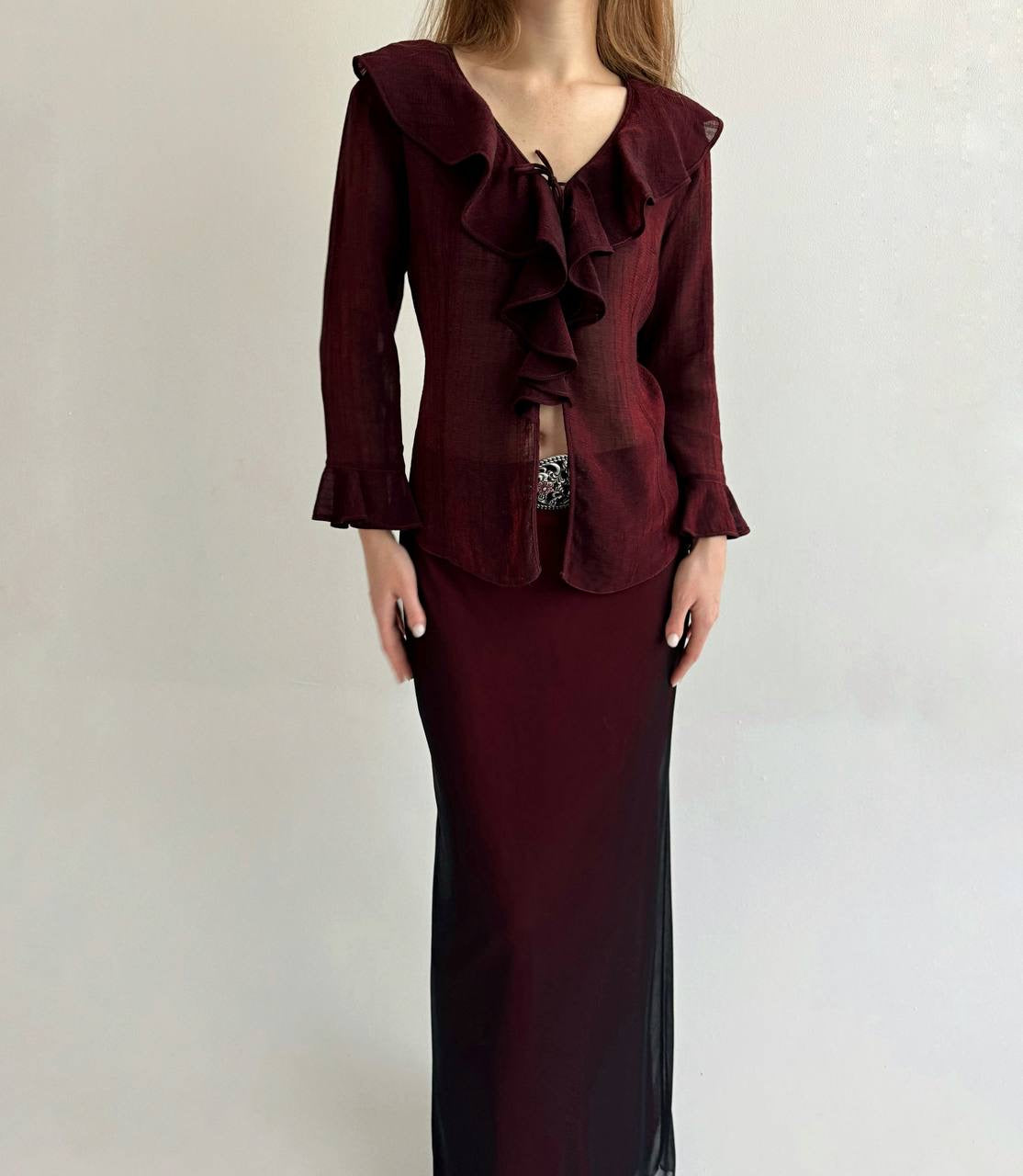 Vintage burgundy blouse with ruffles