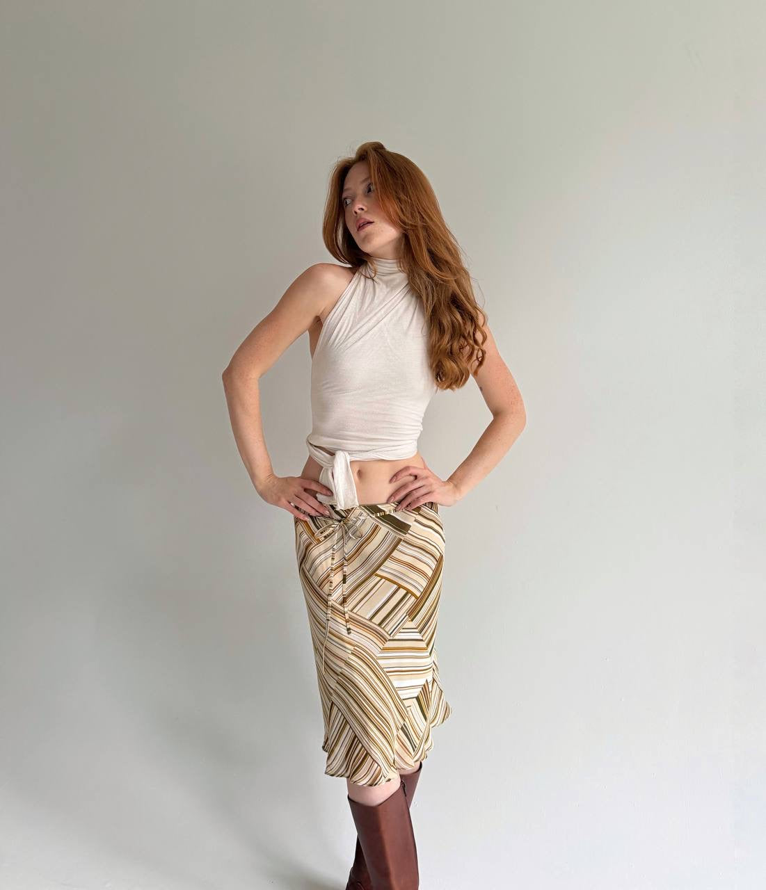 Vintage viscose geometric patterned midi skirt m