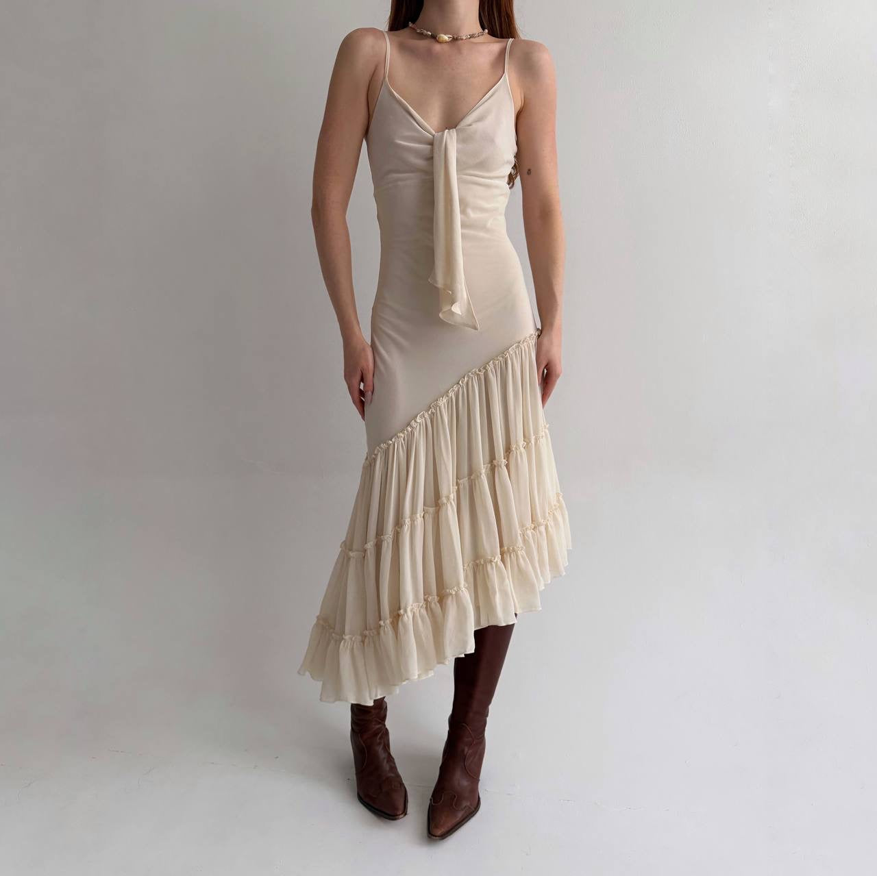 Vintage asymmetrical dress with pleated ruched bottom