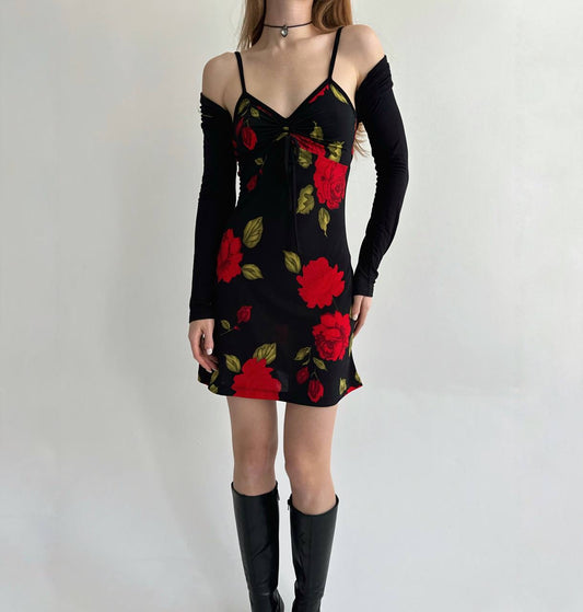 Vintage mini dress with red flowers pattern
