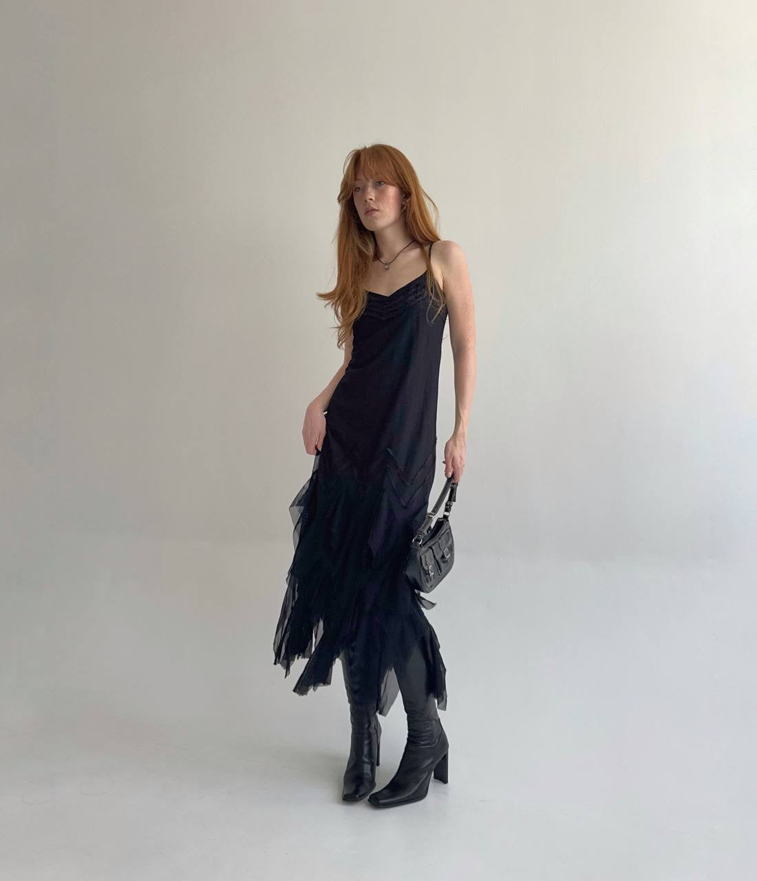 Y2K black asymmetrical slip dress
