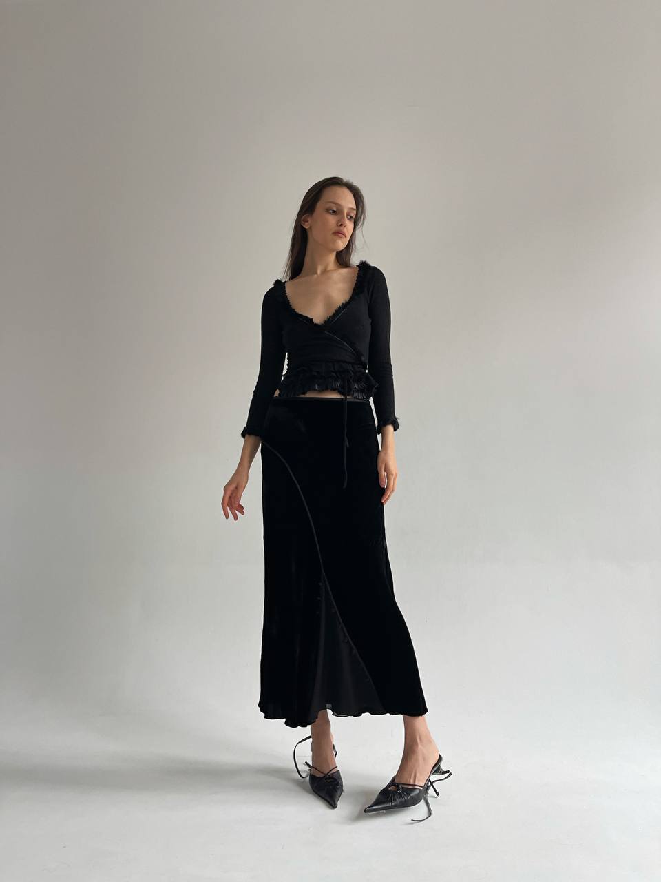 Y2K silk blend velour maxi skirt with decorative buttons