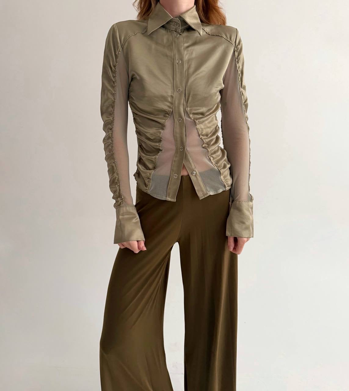 Vintage viscose olive green satin button-up blouse