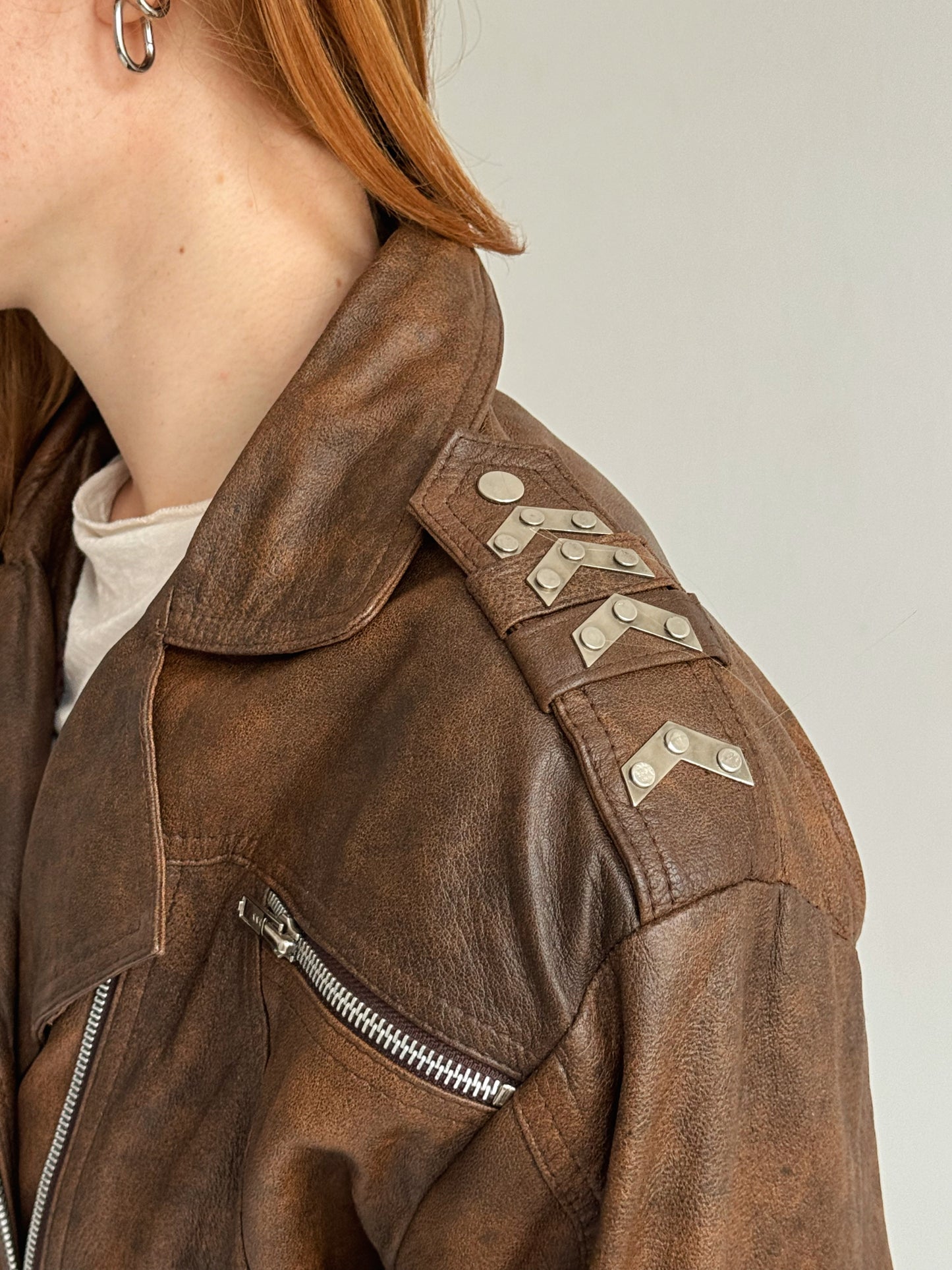 Vintage genuine leather brown waisted jacket