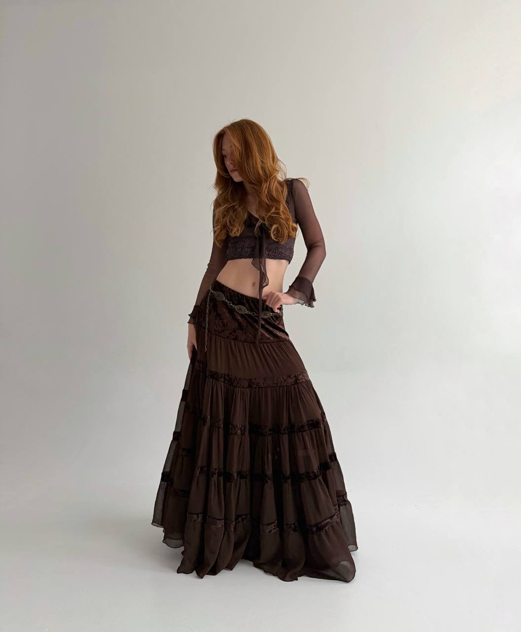 Vintage viscose brown sheer ruched maxi skirt