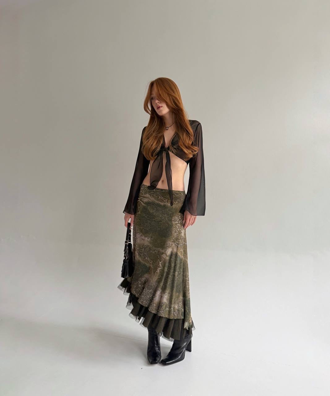 Y2K green printed midi asymmetrical skirt
