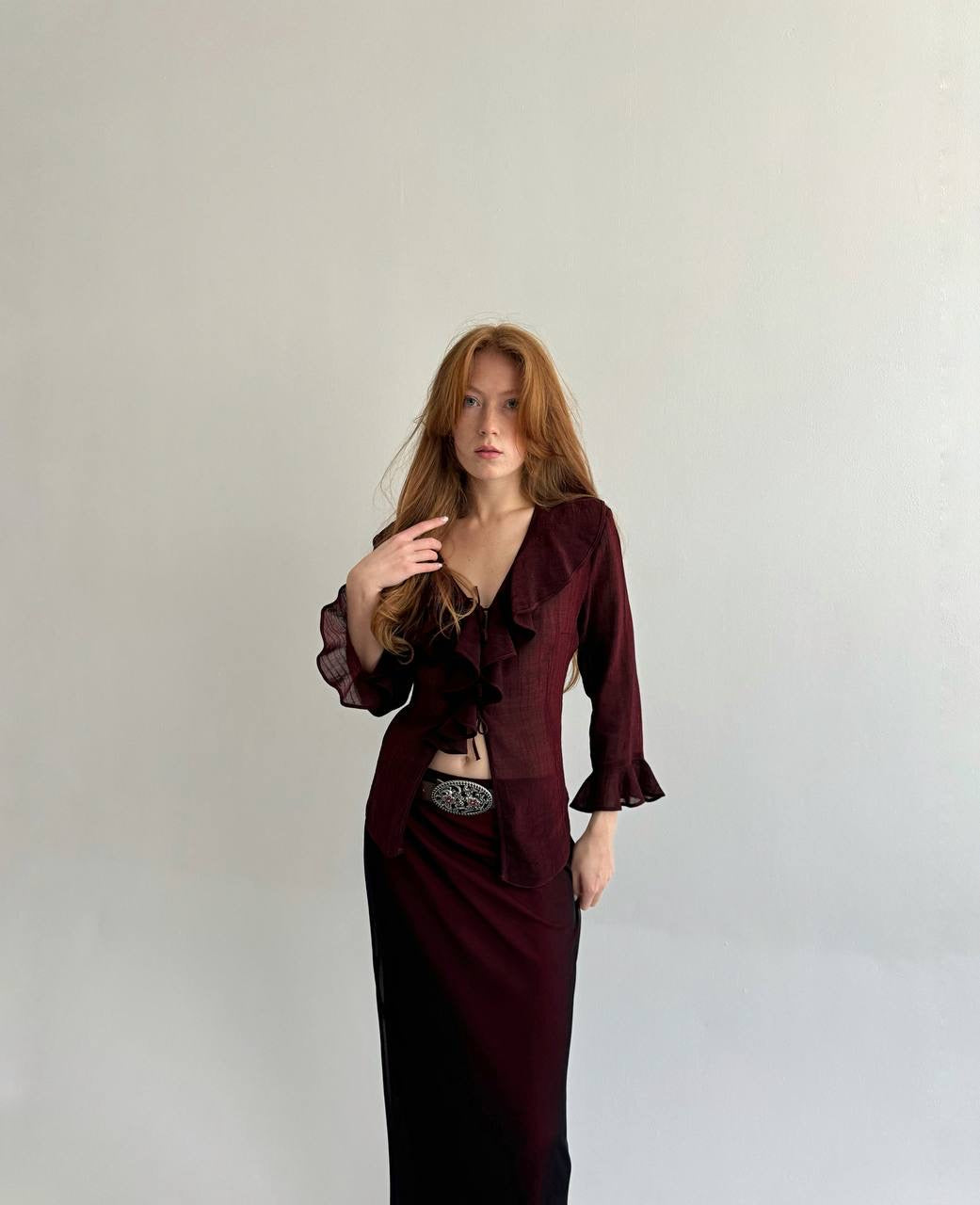 Vintage burgundy blouse with ruffles