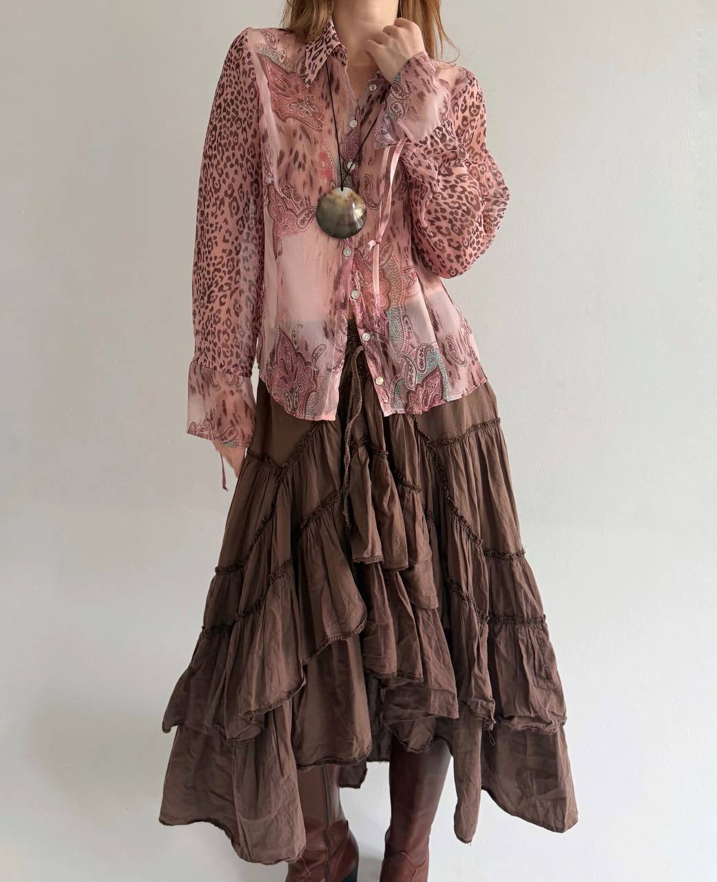Vintage pink sheer blouse with print