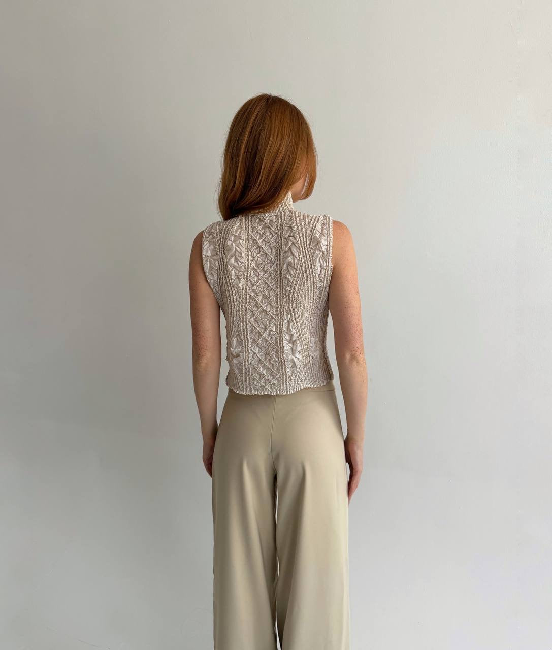 Vintage champagne satin pleated top