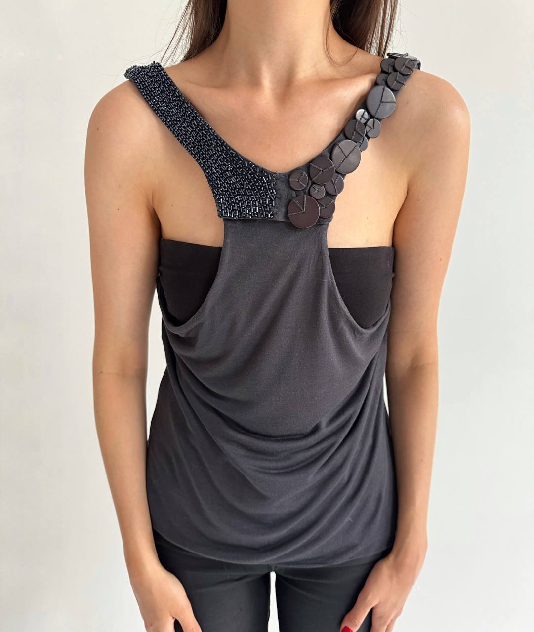 Max Mara grey top with beads and buttons