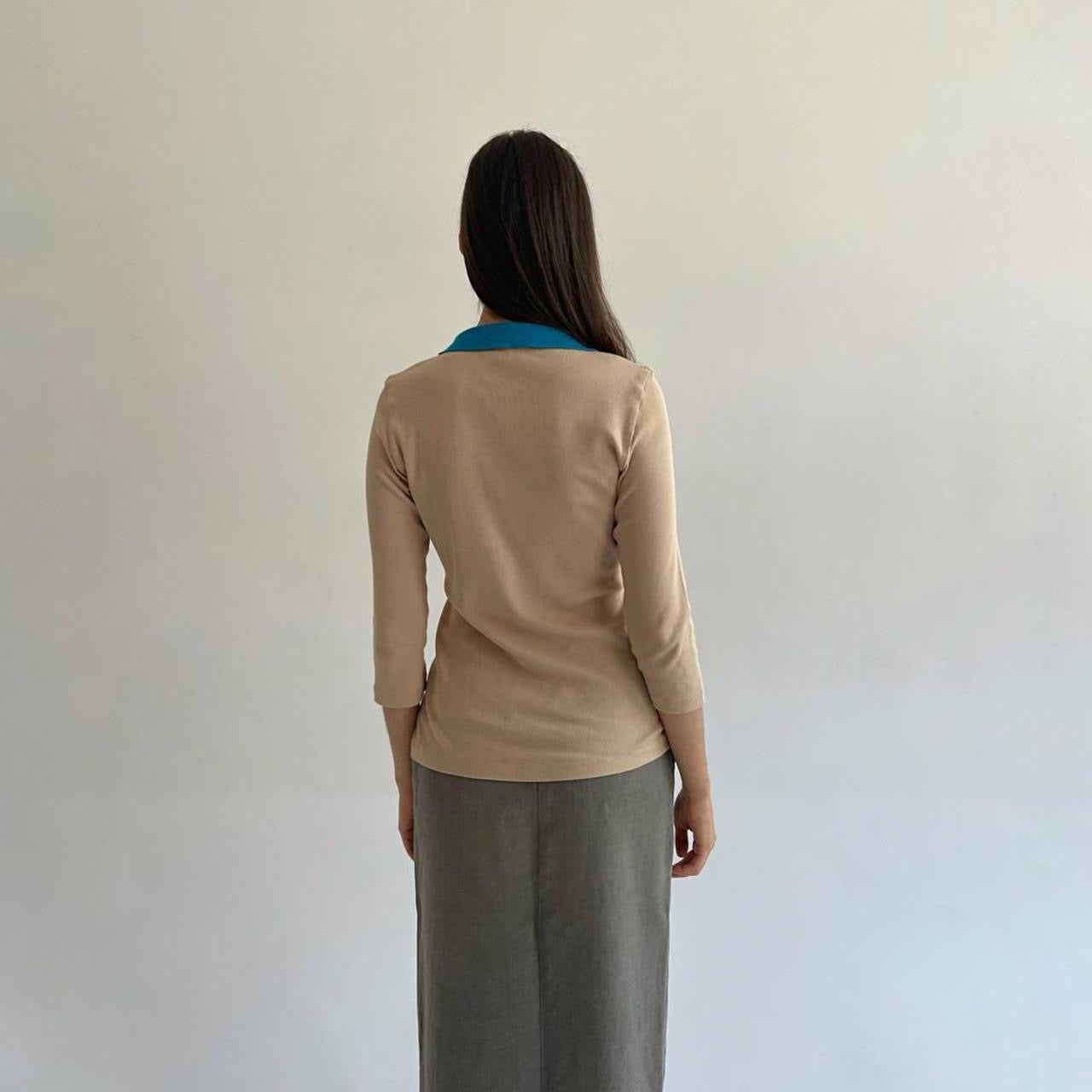 Vintage Escada beige blouse with turquoise collar