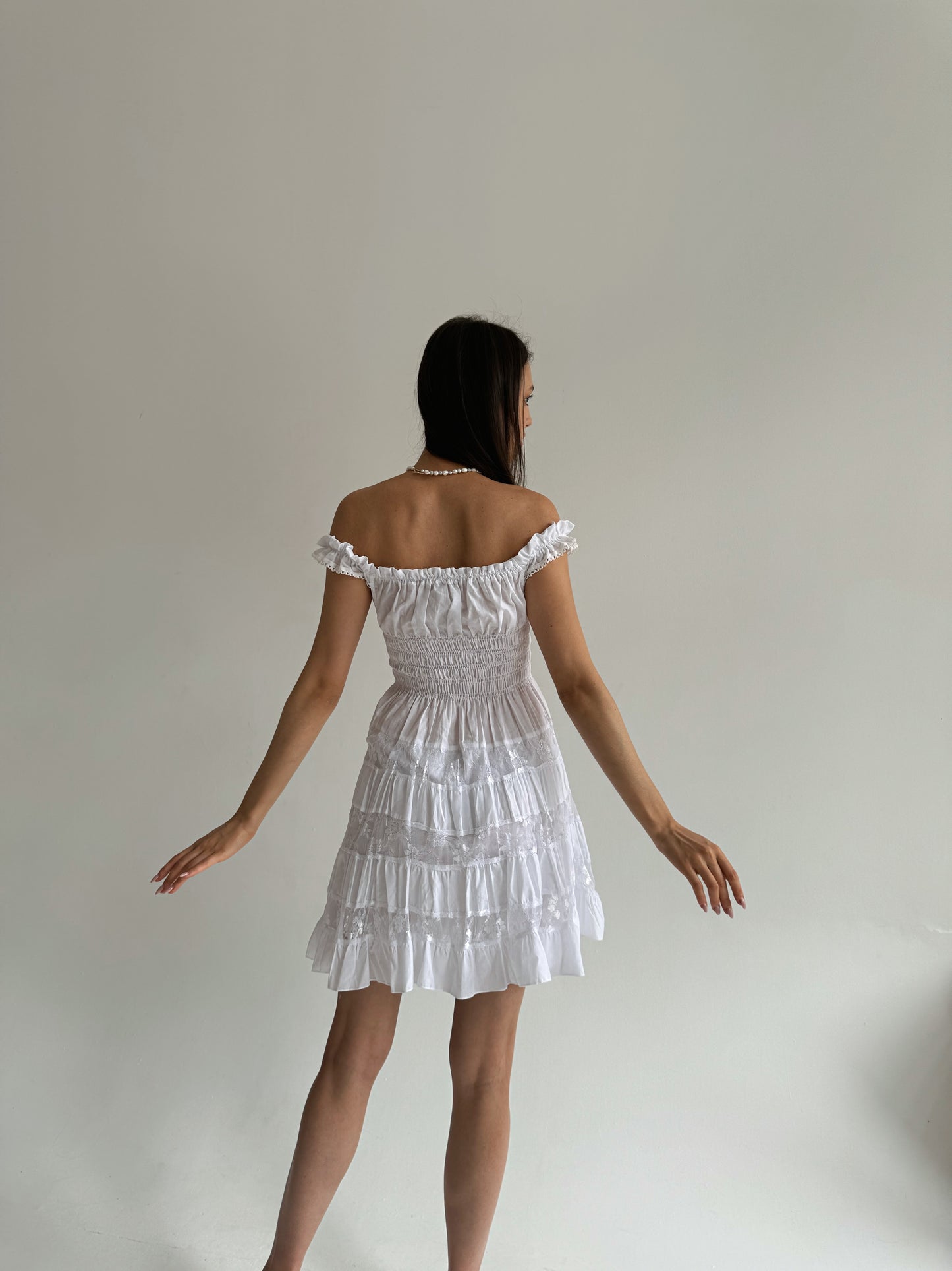 Y2K cotton white milkmaid dress with floral lace