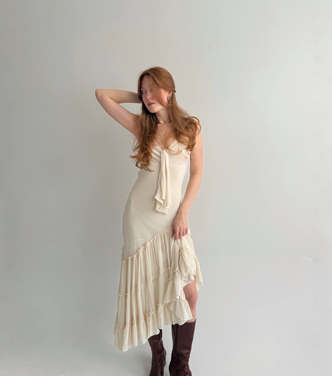 Vintage asymmetrical dress with pleated ruched bottom