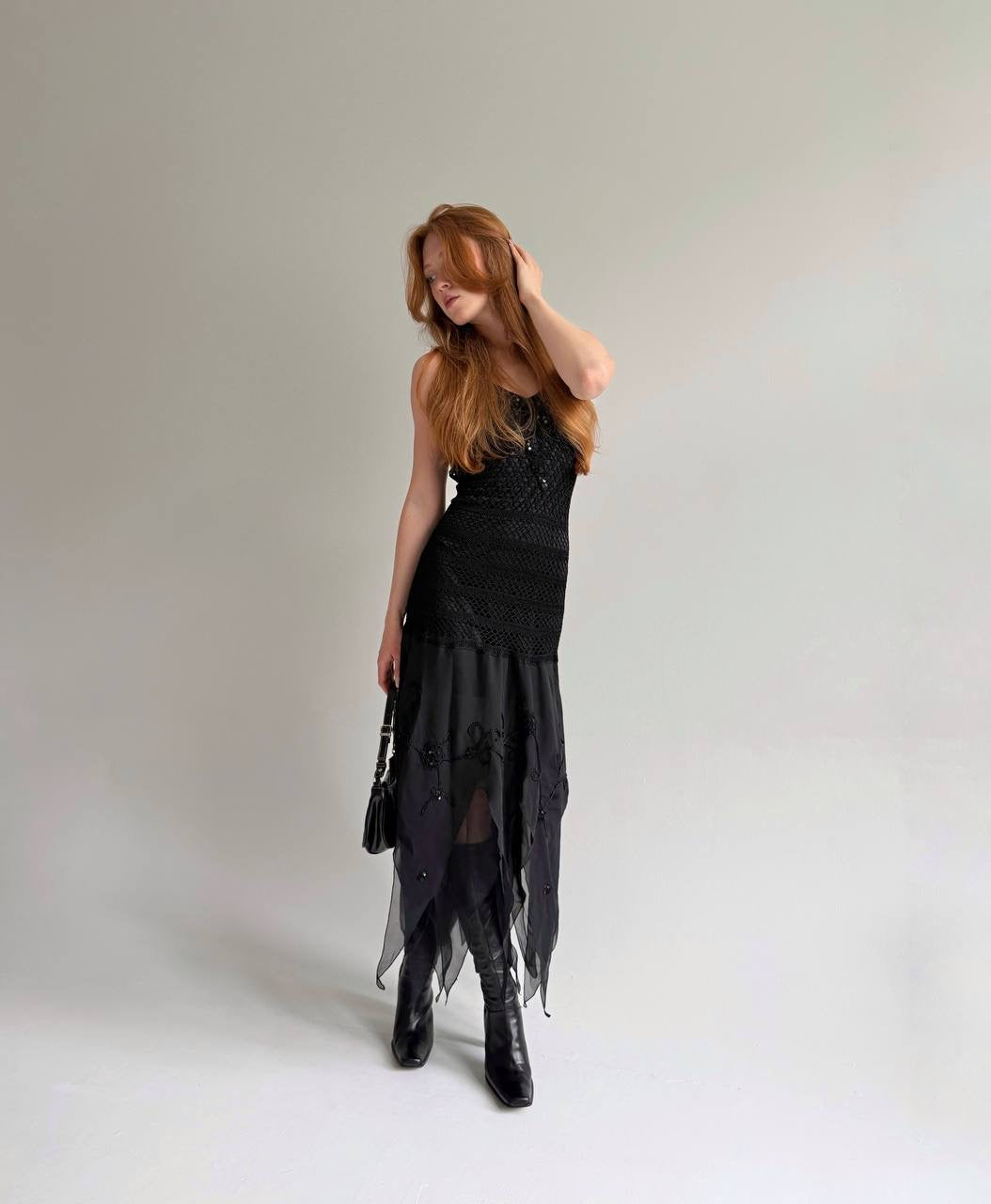 Vintage black 100% rayon asymmetrical long dress