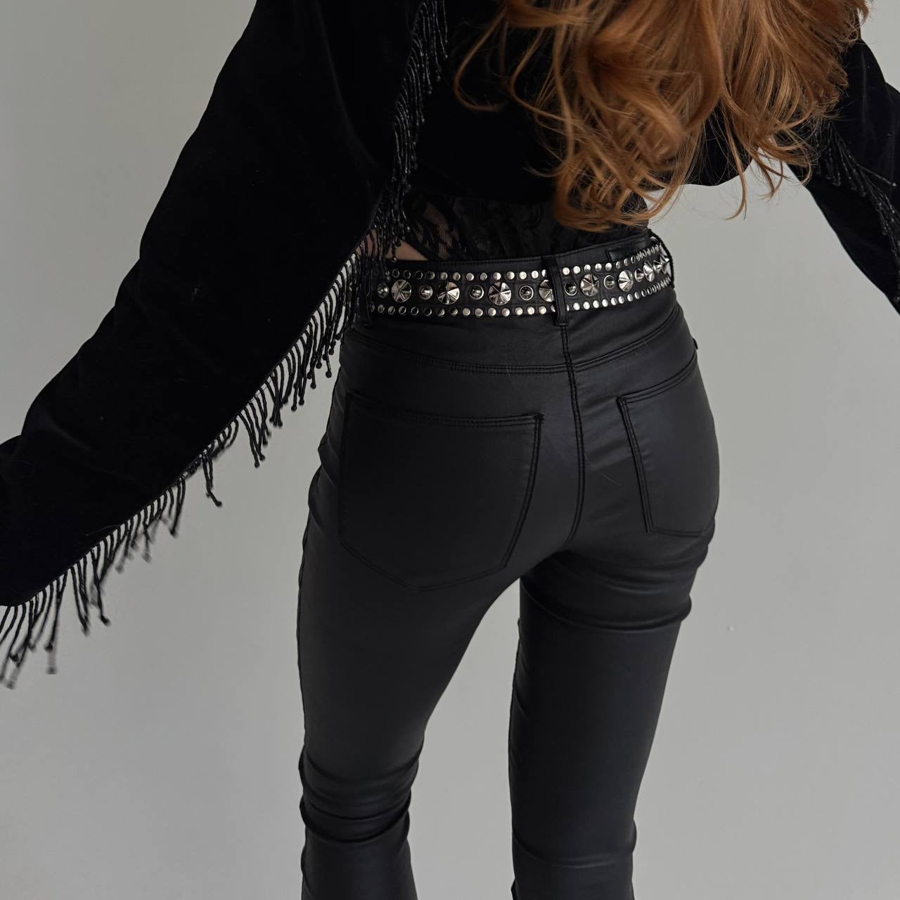 Vintage genuine leather black studded belt