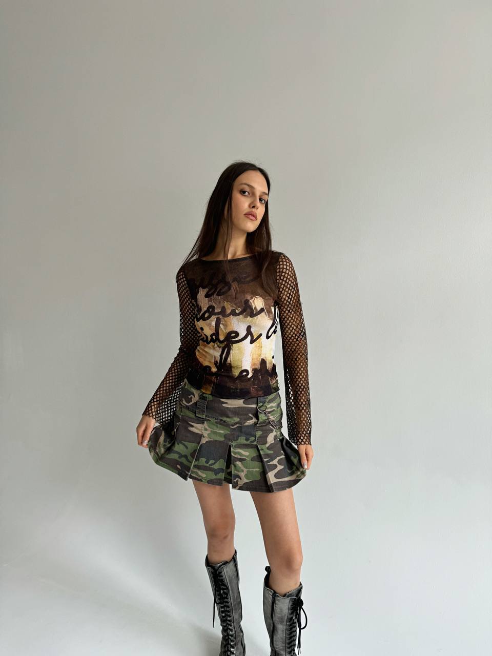 Vintage camouflage mini pleated skirt with a chain