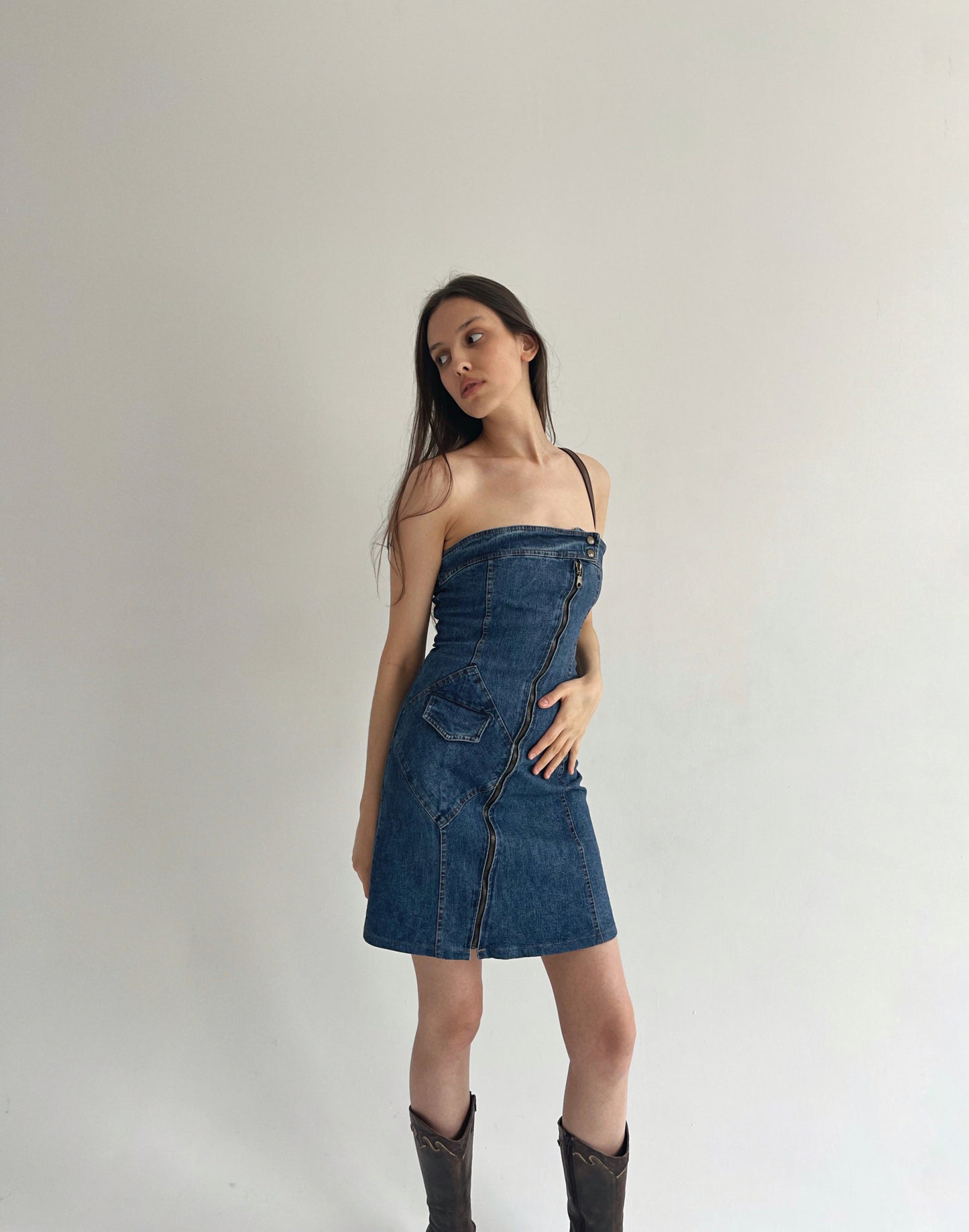 Y2K denim mini strapless dress