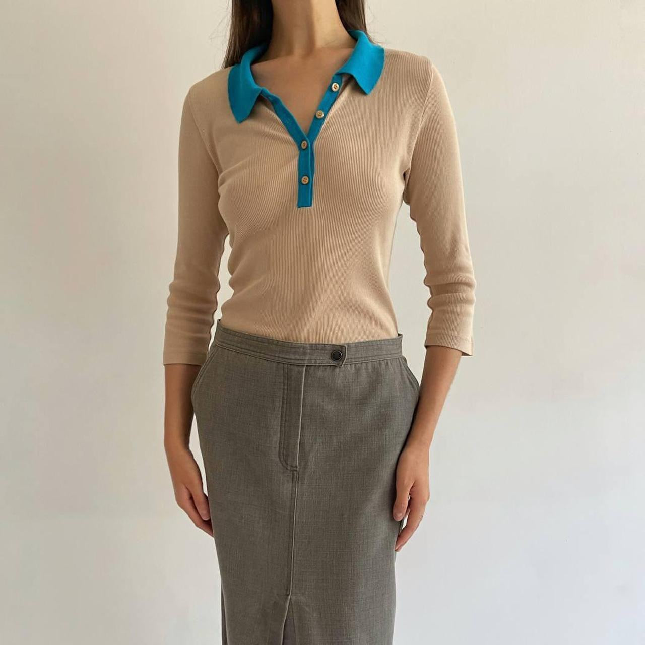 Vintage Escada beige blouse with turquoise collar