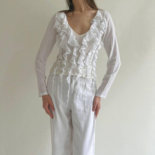 Versace sheer white blouse with ruffles and lace