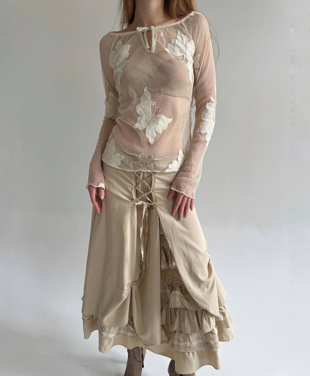 Vintage cream mesh transparent blouse with butterflies