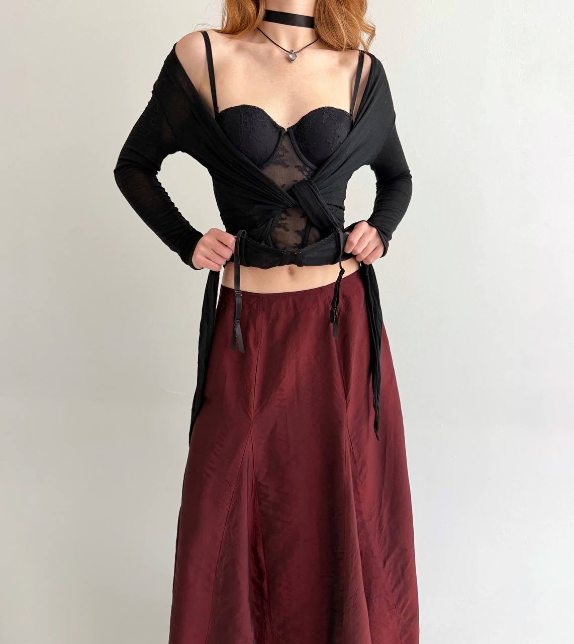 Vintage 53% viscose burgundy maxi skirt
