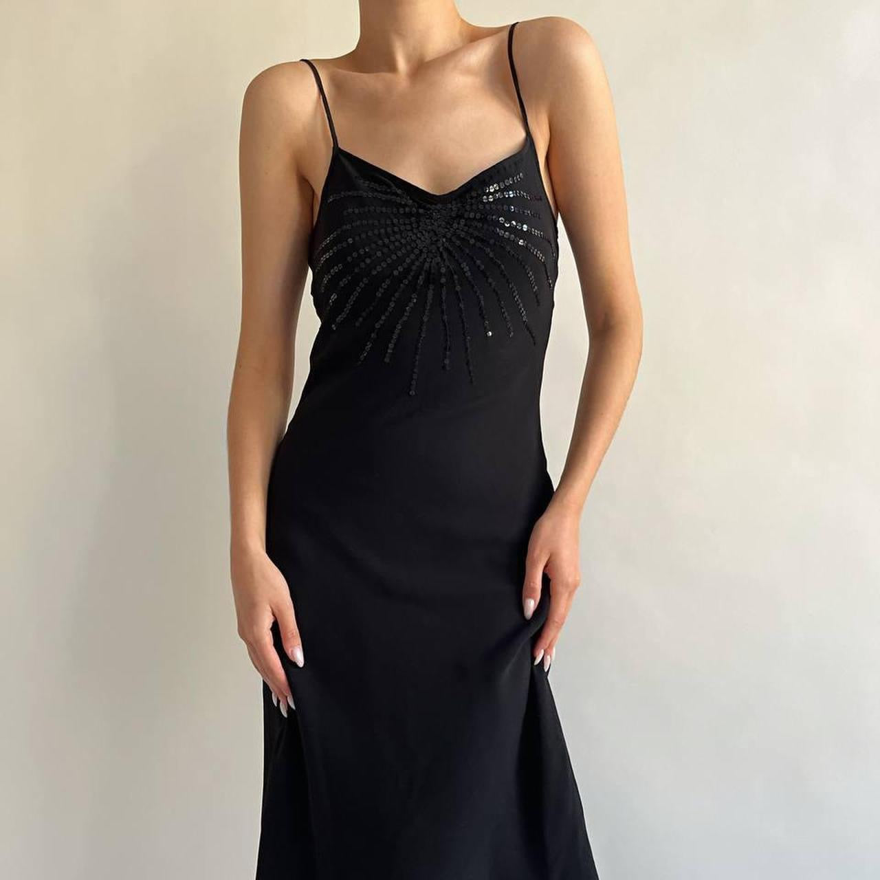 Vintage silk black slip dress with sequins