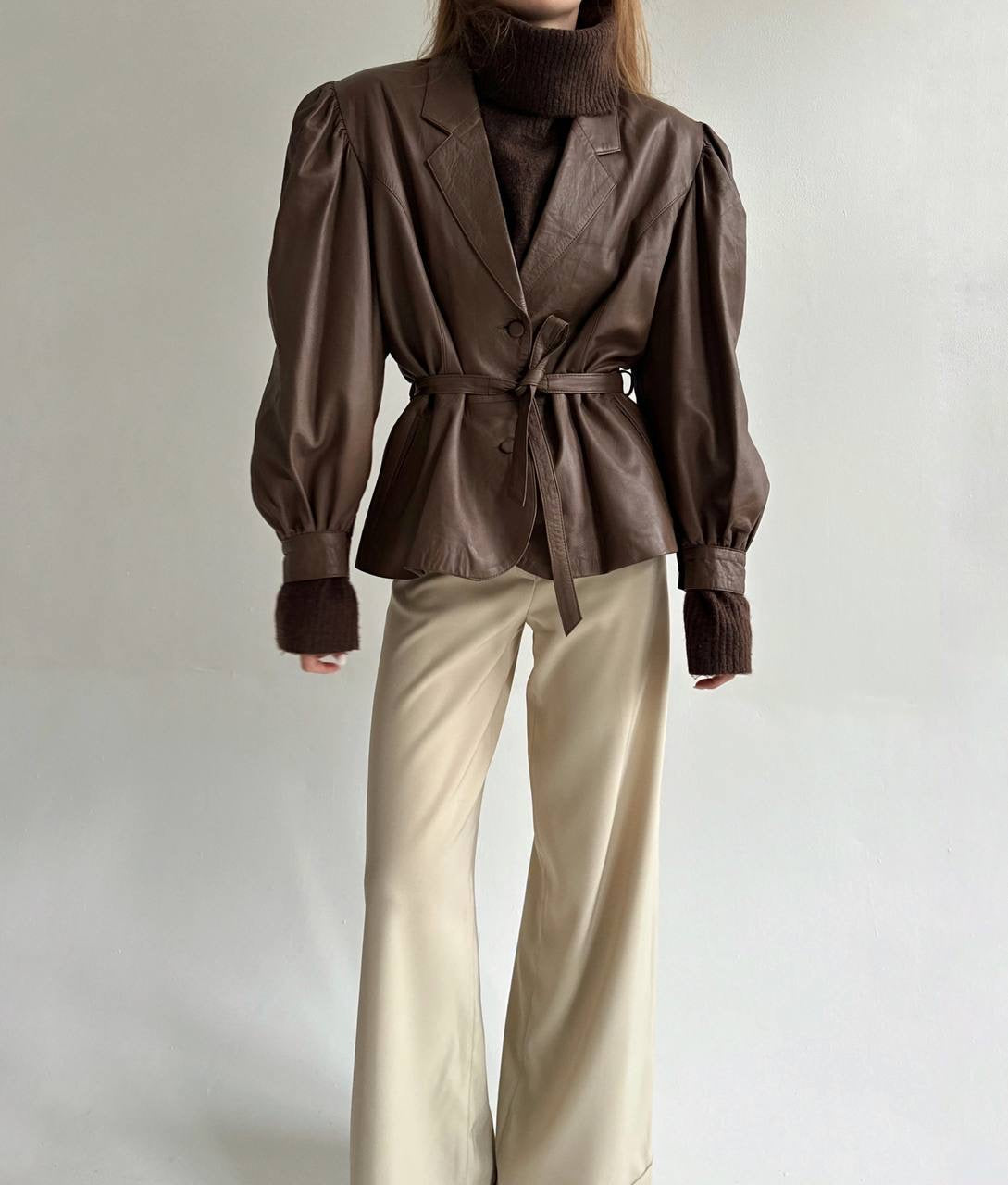 Vintage faux leather jacket with waist tie