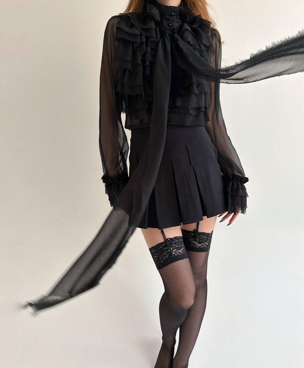 Y2K sheer black blouse with raw trim