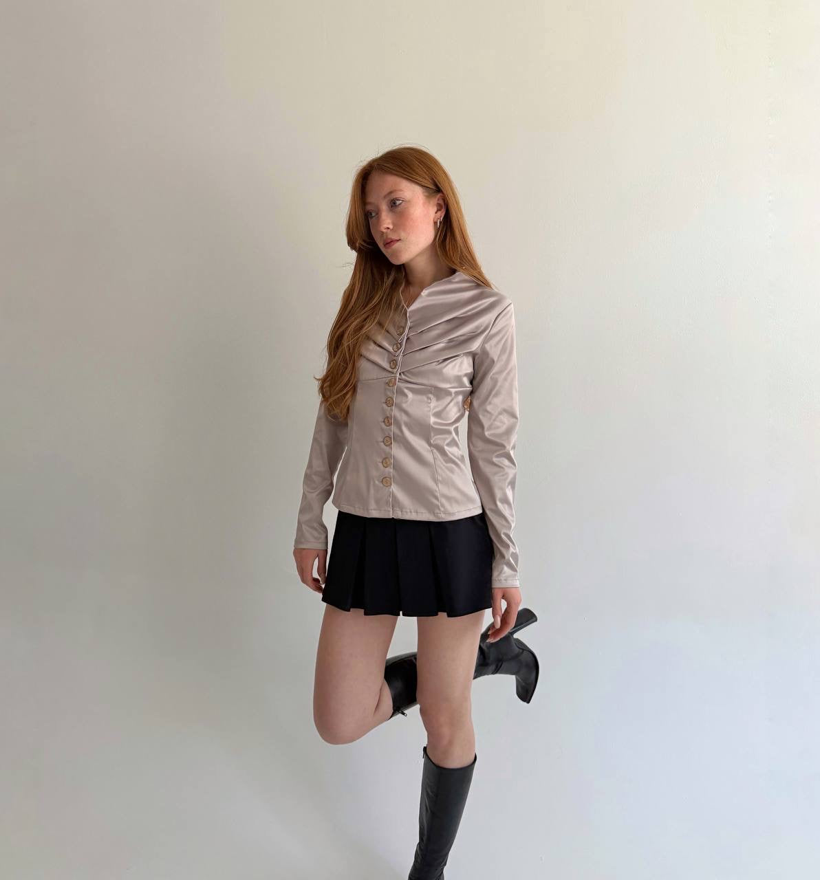 Vintage taupe satin button up blouse
