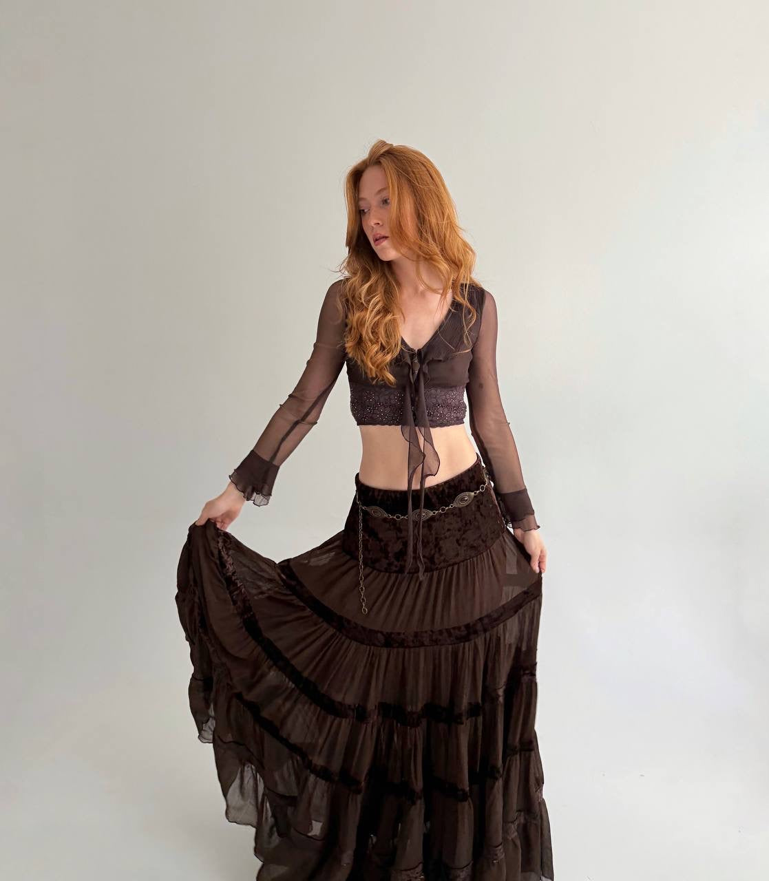 Vintage viscose brown sheer ruched maxi skirt