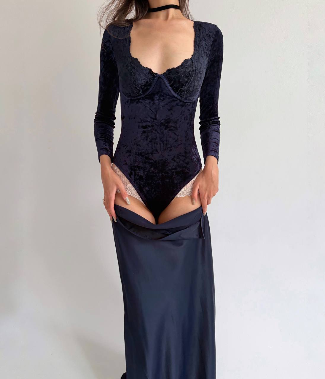Vintage French blue velvet bodysuit