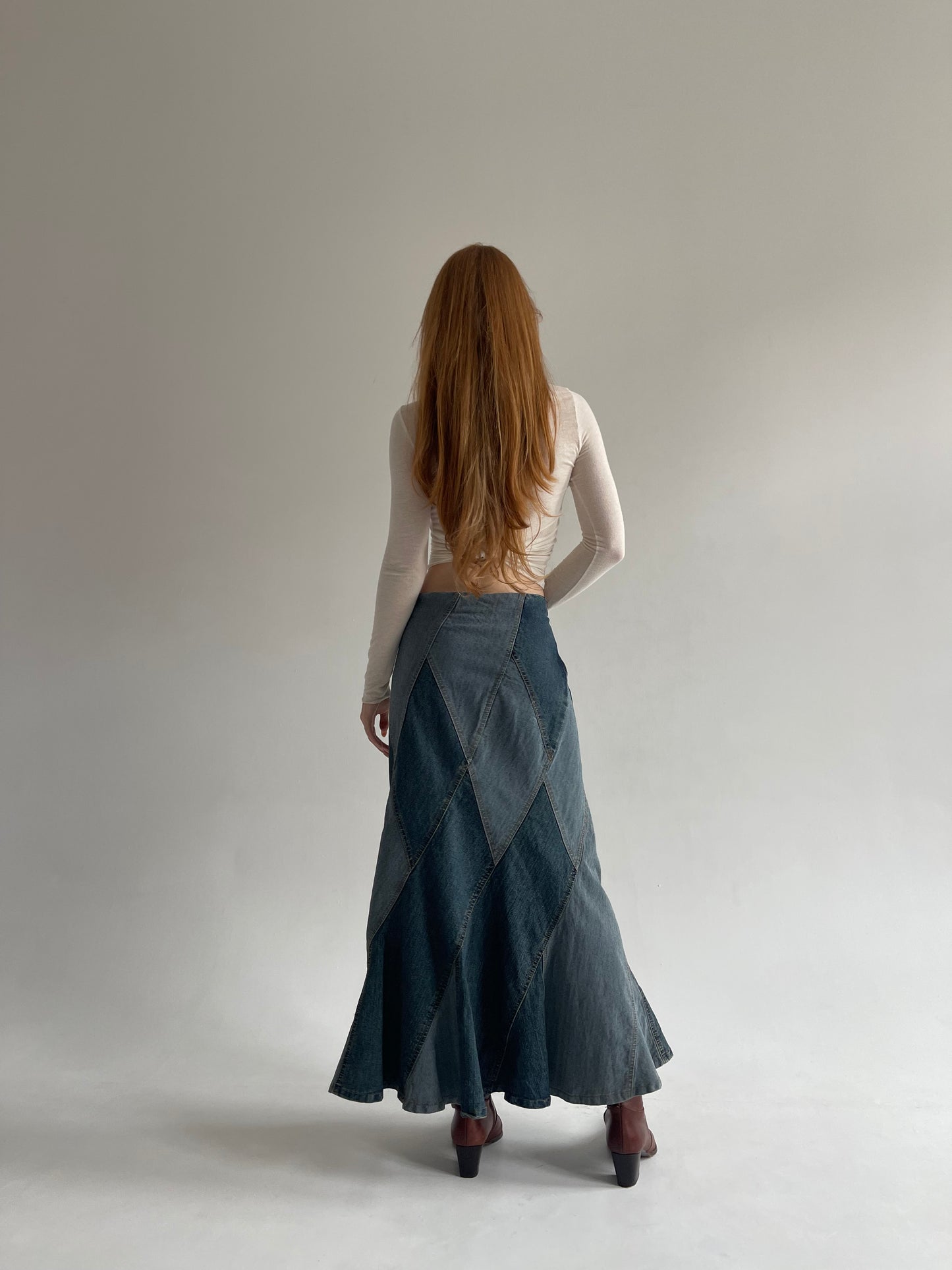 Vintage denim maxi skirt with leather waist part